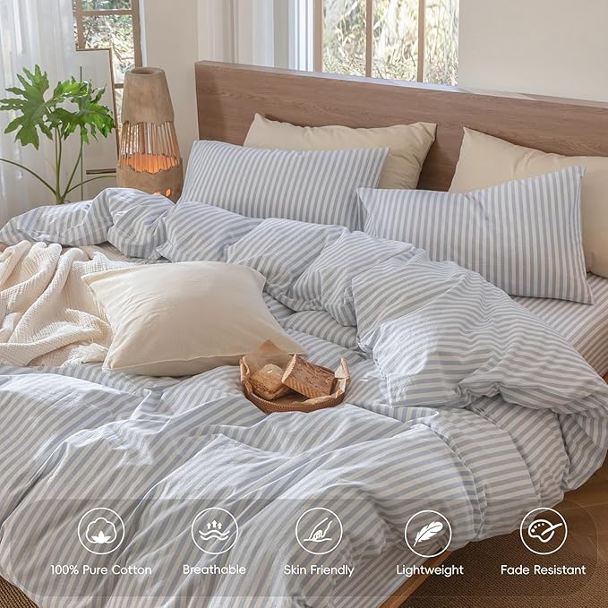 MooMee Striped Duvet Cover Set 100% Washed Cotton Linen Like Textured Breathable Durable Soft Comfy (Cornflower Blue White Classic Stripes, Oversized King Plus 128"x120")