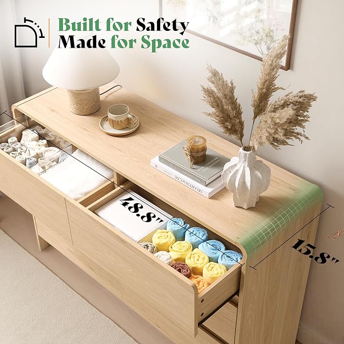 AMERLIFE 7 Drawer Dresser for Bedroom, 49" Wide Modern Chest of Storage Drawers with Rounded Corners, Anti-Tip Kit, Wood Cabinet Organizer for Closet, Apartment, Nursery, Easy Assembly, Light Oak