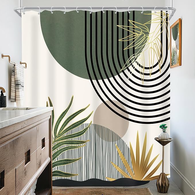 KOMLLEX Mid Century Dark Green Boho Shower Curtain 72Wx72L Inches Abstract Modern Shower Curtains for Bathroom Gold Plant Botanical Minimalist Arch Sun Fabric Liner Waterproof Polyester 12 Pack Hooks