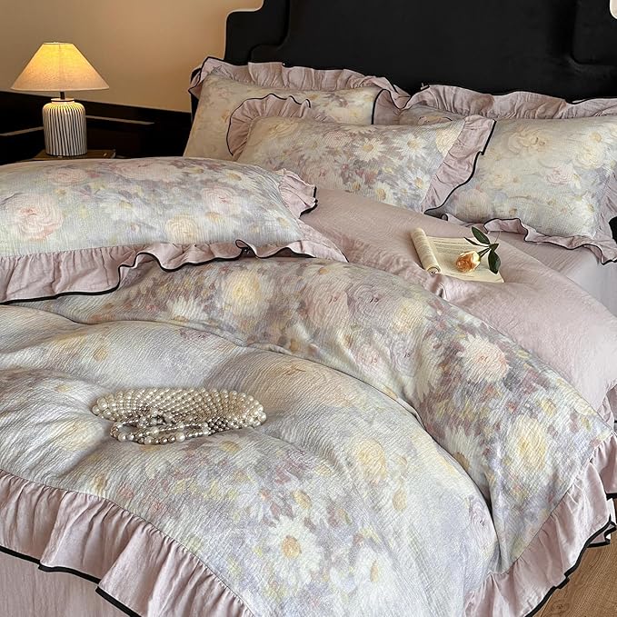 HighBuy Purple Floral Linen Cotton Duvet Cover Twin XL,Ruffle Design 3 Piece Natural Muslin Yarn-Dyed Textured Bedding Comforter Cover Set for Teen College Vintage Coquette Bedding Breathable