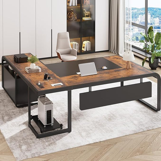 SEDETA 63 Inch Executive Desk, Large Office Desk with File Drawer, L Shaped Desk with Drawers, Computer Desk with Mobile CPU Stand, Storage Shelves, Power Outlets for Home Office, Rustic Brown