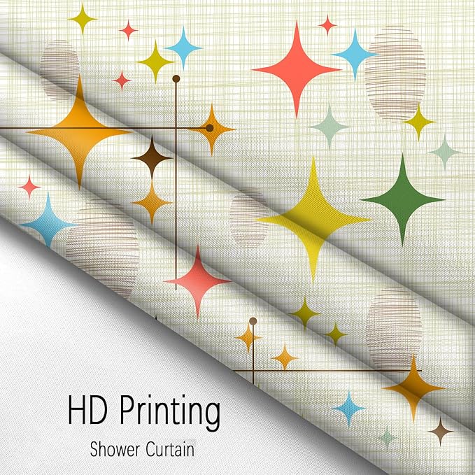 Mid Century Shower Curtain for Bathroom, Retro Stars Abstract Decorative Art Style Restroom Restroom Bath Curtain, Polyester Fabric Waterproof Bath Curtains 72x72 Inch with 12 Hooks