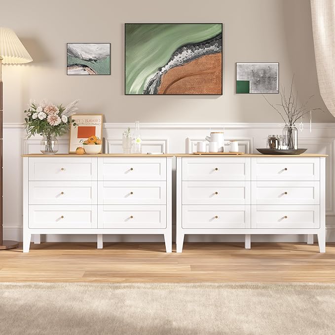 6 Drawers White Dresser for Bedroom, 47" Wide Wood Modern Chest of Drawers, Shaker Style, Modular Dresser TV Stand for Bedroom, Living Room, Hallway (White)