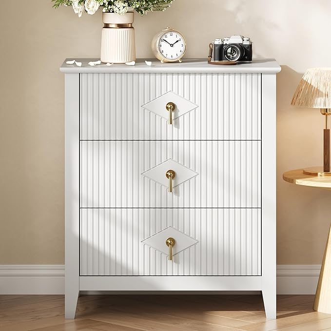 GarveeHome Wood Nightstand Fluted Dresser for Bedroom, 27.5" Wide 3-Drawer Bedside Tables, Modern Chest of Drawers, Storage End Table Living Room, Hallway, Entryway, White