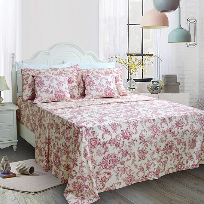 FADFAY Red Floral Bedding Elegant Bed Sheets Set Luxury Bedding Collections 800 Thread Count 100% Egyptian Cotton Deep Pocket Fitted Sheet,4 Piece-Queen Size