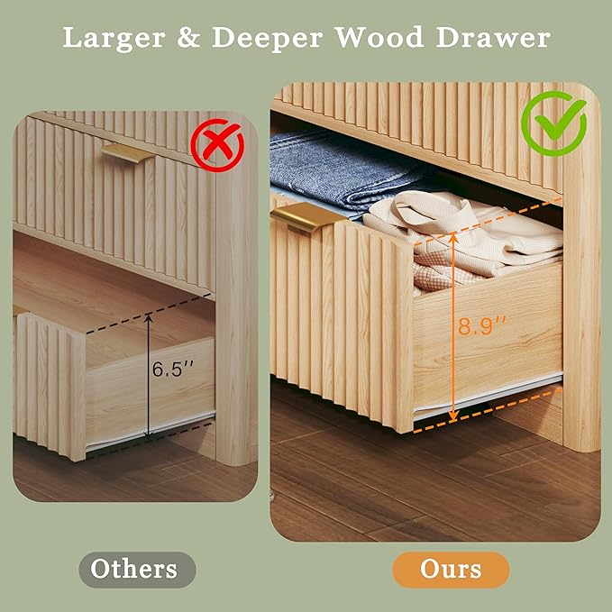 Fluted Dresser for Bedroom with 7 Drawers, 53" Wide Mid Century Modern Dressers with Faux Marble Top & Metal Handle, Wooden Chest of Drawers TV Stand, Natural Wood Closet Storage Organizer,Natural Oak