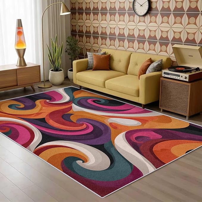 70s Rug 7x9 Retro Funky Hippie Psychedelic Swirl Pattern Area Rugs for Living Room, Bedroom, 70s Home Decor Accessories Indoor Carpet, Non Slip & Machine Washable, GD0400