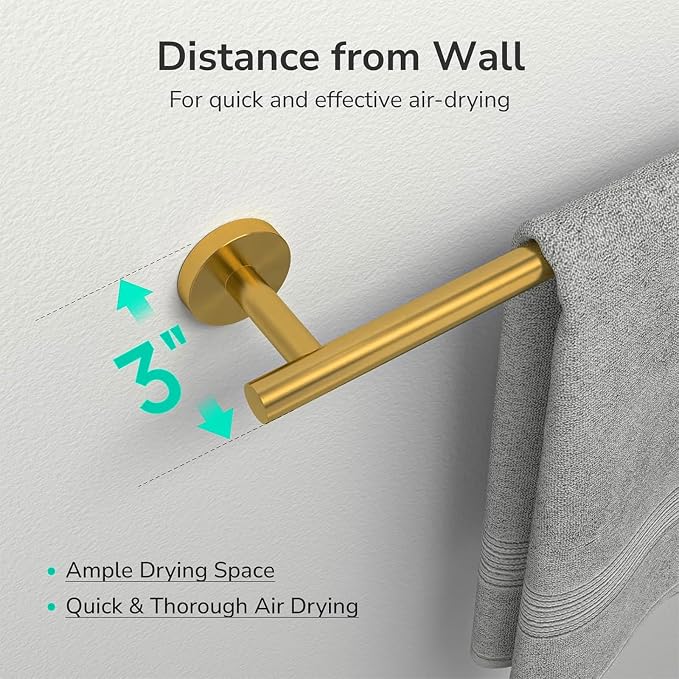 USHOWER Brushed Gold Towel Bar, 18-Inch Towel Racks for Bathroom Wall-Mounted, Thicken SUS304 Stainless Steel Towel Rod (Total Length 20-Inch)
