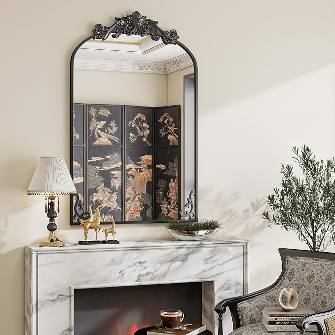 VooBang 24x36 inch Vintage Arched Bathroom Mirror - Gorgeous Wall Vanity Mirror with Beautiful Retro Top and Bottom Engraving Process Frame for Entryway Hallway Living Room, Black
