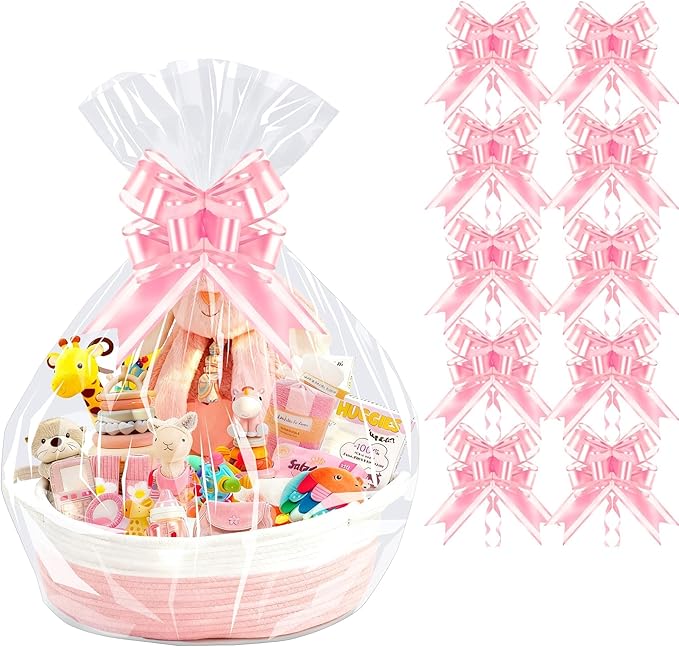 PigPotParty 24"x30" Clear Cellophane Gift Bags with Pink Bows – 10 Pack Large Cellophane Wrap for Gift Baskets, Plastic Gifts Bags for Baby Girl Shower, Birthday Party and Bridal Shower