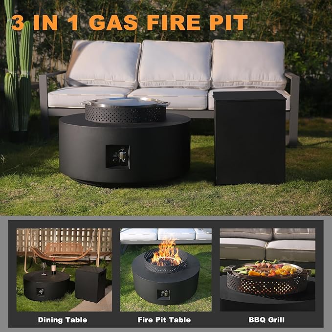 32-inch Fire Table with Natural Gas Conversion Kit, 65,000BTU Outdoor Modern Patio Fire Pit Table w/Lid, Lava Rocks,Tank Cover, Rain Cover,Black