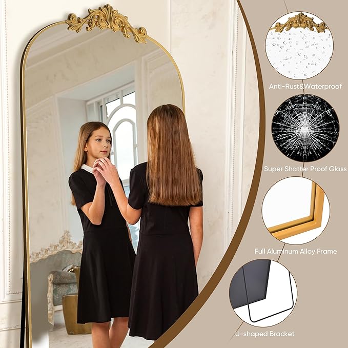Antok Arched Full Length Mirror, 71"x28" Floor Mirror with Carved, Full Body Mirrors for HomeDecor, Standing/Halling Large Wall Mirror for Bedroom, Living Room, Cloakroom, Gold, Retro Style