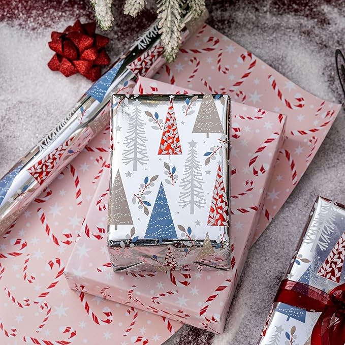 MAYPLUSS Christmas Wrapping Paper Roll - 17IN X 33FT - Silver Gift Wrapping Paper Featuring Triangle Christmas Tree Against Silver Reversible Candy Cane for Kids, Holiday, New Year