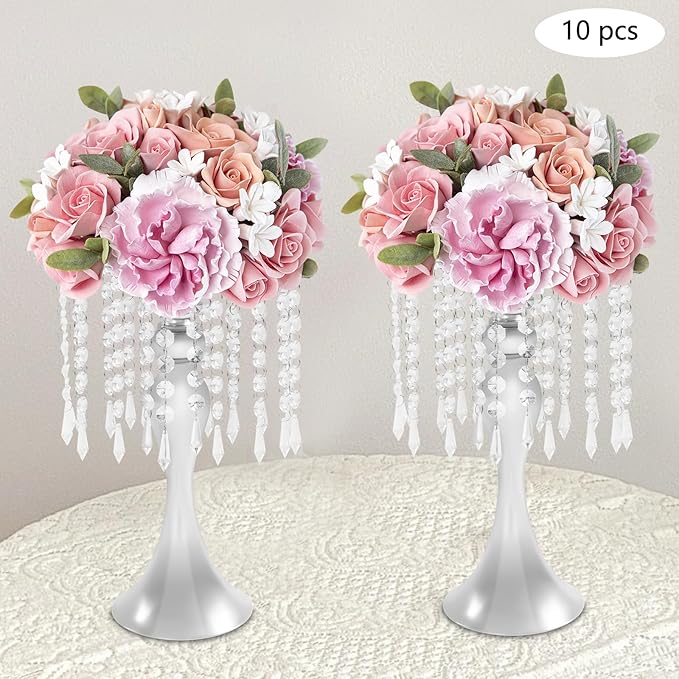 10 Pcs Glam Crystal Flower Stands, Wedding Reception Decorations with Sparkling Crystal Beads Table Center Display Flower Arrangement Flower Stand Metal Vase for Event Decor (Silver, Height:13.77in)
