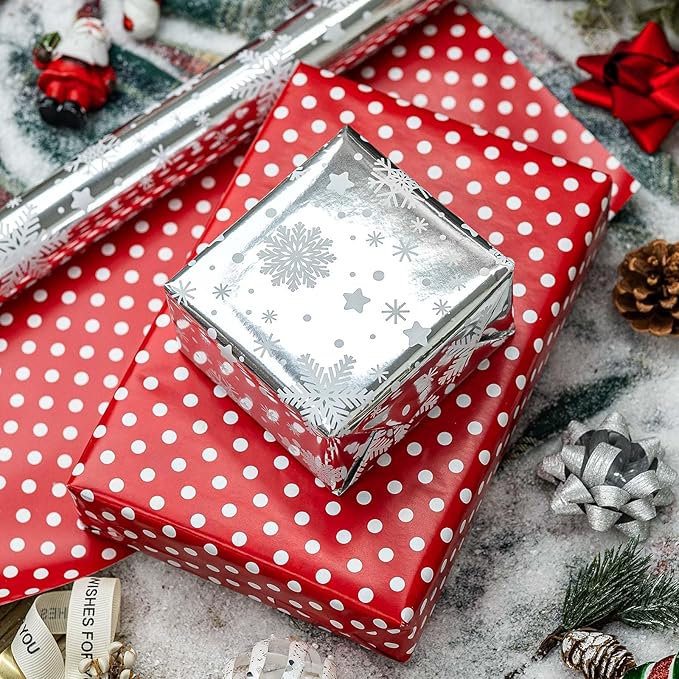 MAYPLUSS Christmas Wrapping Paper Roll - 17IN X 33FT - Christmas Gift Wrapping Paper Featuring Snowflake Against Silver Reversible Polka Dot for Kids, Holiday, New Year