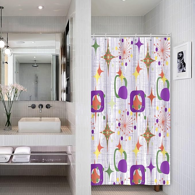 Mid Century Shower Curtain, 48x72inch, Modern Abstract Retro Purple Striped Geometric Shower Curtain Sets 1950s Boho Bathroom Shower Curtain with 8 Hooks