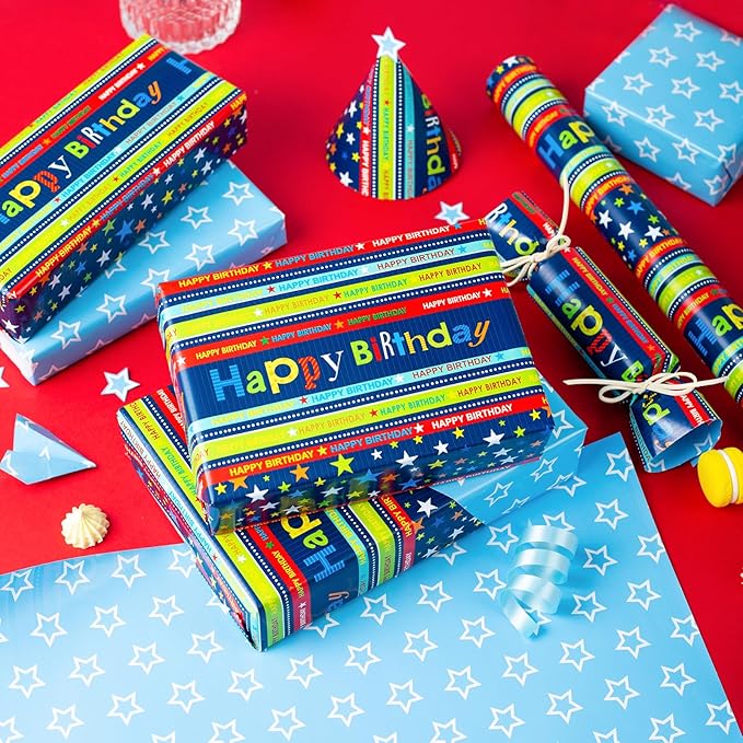Burymento Reversible Birthday Wrapping Paper for Boys Girls Kids Adults Baby Shower Holiday - Colorful Happy Birthday Lettering and Stars Design - Blue Gift Wrapping Paper Roll, 17 Inch X 32.8 Feet