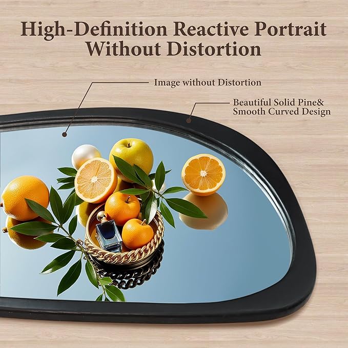30''x20'' Asymmetrical Mirror with Wood Frame Black, Small Irregular Wall Mirror Odd Shaped Mid Century Modern Mirror Decor for Bedroom Living Room Entryway Hall