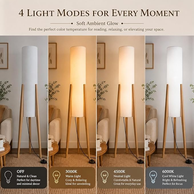 BOFEA-50 Floor Lamps for Living Room,Nordic Modern Floor Lamp,Tall Standing Boho Lamp with Fabric Shade,3 Color Art Standing Lamps,Farmhouse Wood Floor Lamp for Bedroom Office Corner
