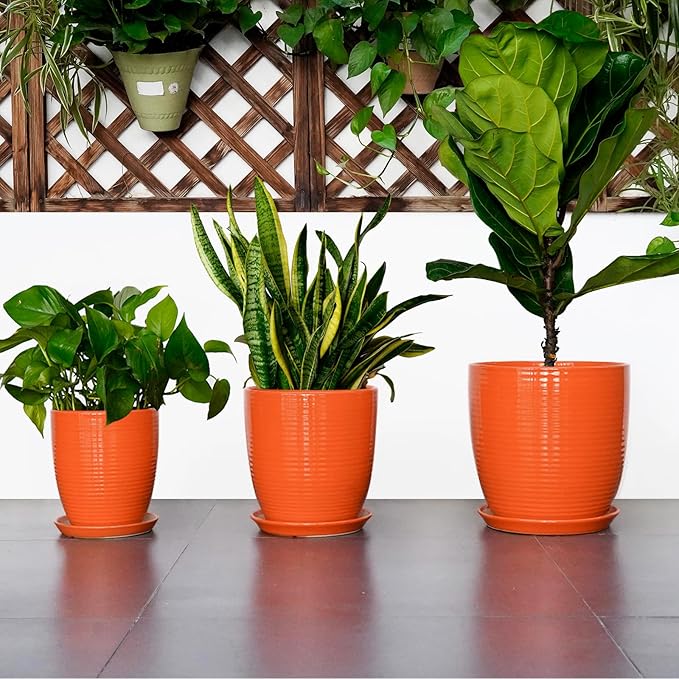 12 Inch Plant Pot, Ceramic Planters for Plants with Drainage and Saucer, Orange