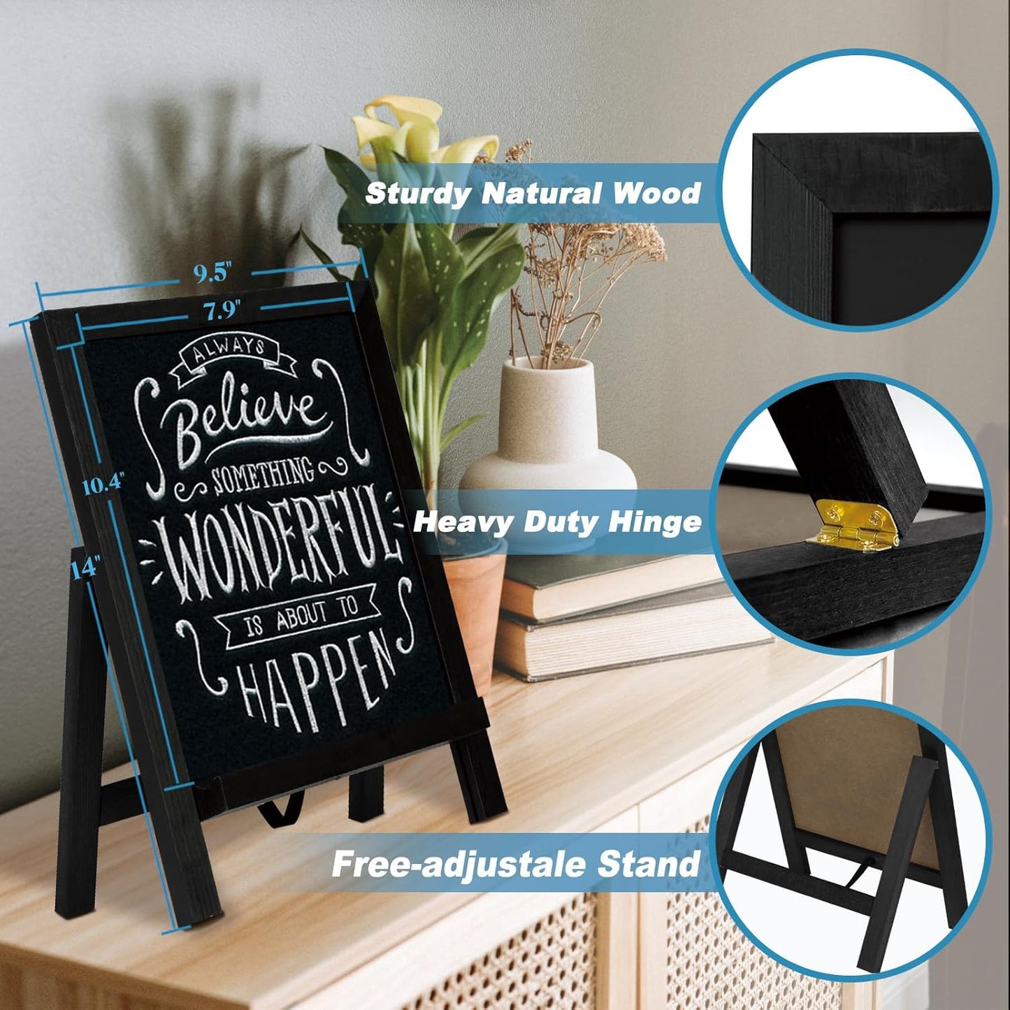 4 THOUGHT Mini Chalkboard Signs - 9.5" x 14" Magnetic Tabletop Menu Board with Wooden Frame for Kitchen & Cafe