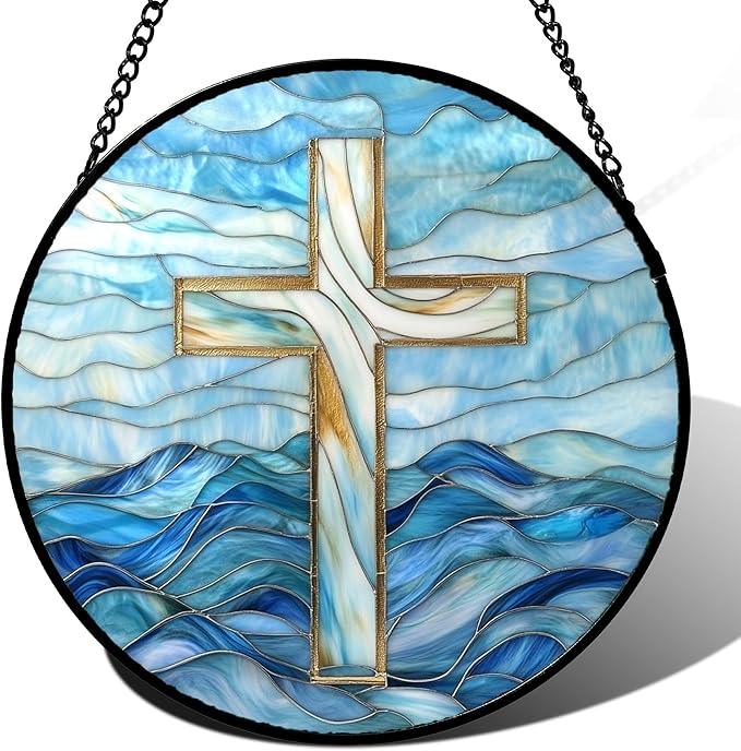 Christian Gifts for Women - Blue Cross Stained Glass Window Hanging Jesus Easter Ocean Waves Sun Catcher Garden Religion Decor Mother's Day Catholic Gift for Men Grandma Mom Her Nana 6.3"