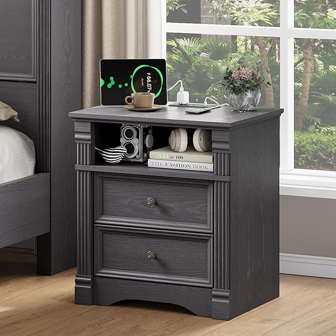 Nightstand with Charging Station, Farmhouse End Table with 2 Drawers and Storage Shelf, Wooden Bedside Table with Metal Handles, Vintage Design, Organizer for Bedroom, Hallway, Grey