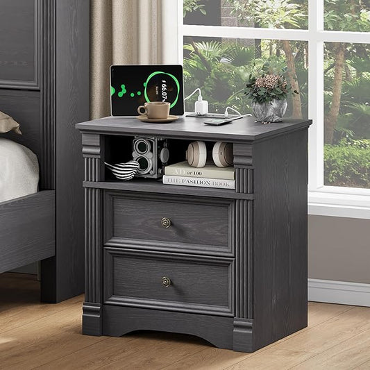 Nightstand with Charging Station, Farmhouse End Table with 2 Drawers and Storage Shelf, Wooden Bedside Table with Metal Handles, Vintage Design, Organizer for Bedroom, Hallway, Grey