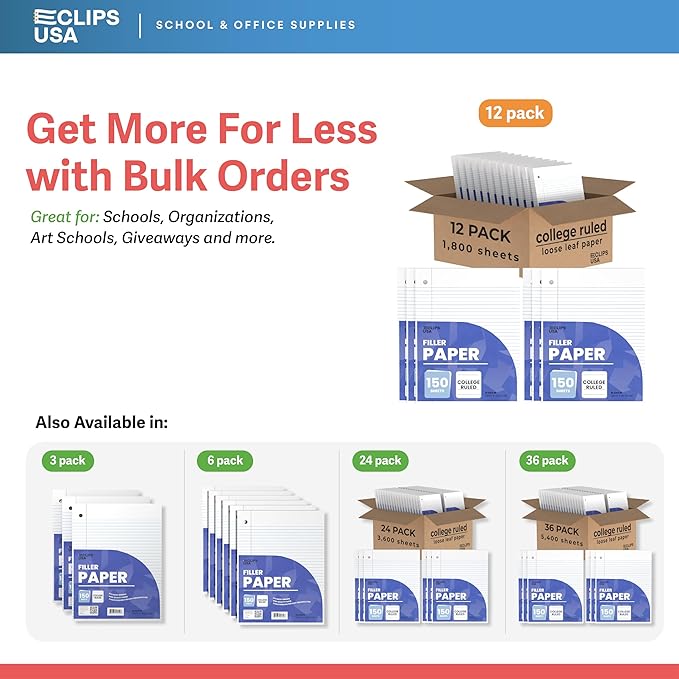 Loose Leaf Paper College Ruled Notebook Paper College Ruled Lined Writing Filler Paper 10.5” x 8” 1800 Sheets 150 Sheets Per Pack 60 gsm (12 Pack)