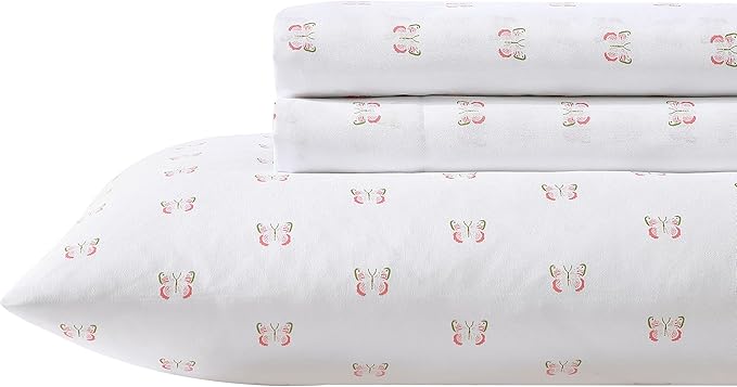 Laura Ashley Kids - Queen Sheet Set, Soft & Wrinkle-Resistant Toddler Bedding Set, Ideal Girl Room Essentials, Bed Sheets with Matching Pillowcases (Fluttery Friends Pink)