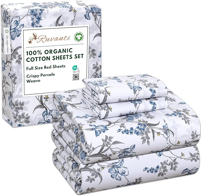 RUVANTI 100% Organic Cotton Sheets Full Size, Percale Weave, GOTS Certified, 4-Piece Set, Deep Pocket 15", Crisp & Breathable, Soft Durable Bedding, Sábanas Algodón Orgánico – Deluxe