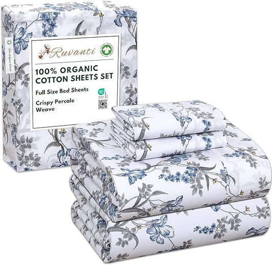 RUVANTI 100% Organic Cotton Sheets Full Size, Percale Weave, GOTS Certified, 4-Piece Set, Deep Pocket 15", Crisp & Breathable, Soft Durable Bedding, Sábanas Algodón Orgánico – Deluxe