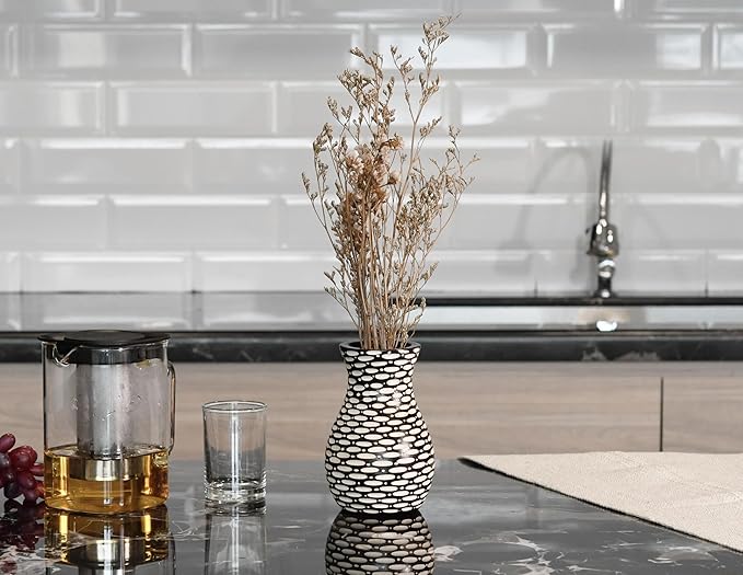 AeraVida Intricate Etched Ovals Mango Wood Vase Dark Brown 6-Inch Handmade Tabletop Flower Holder for Dried or Silk Flowers Rustic Modern Decor Accent for Living Room or Office