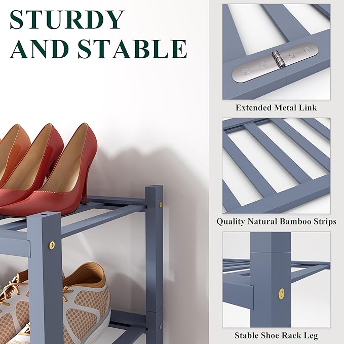 Smiry Shoe Rack, 2 Tier Bamboo Shoe Organizer, Stackable Free Standing Wooden Shoe Storage Shelf for Closet, Entryway, Front Door Entrance, Grey