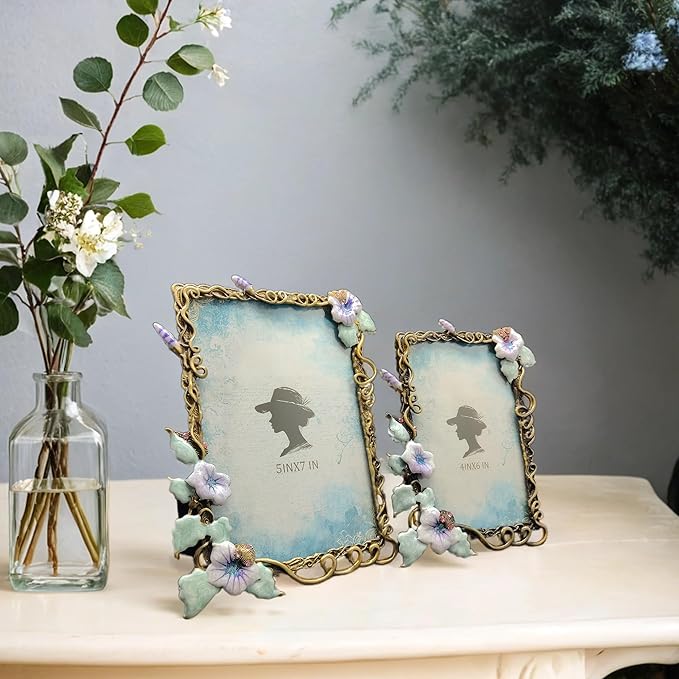 Vintage Floral Picture Frames Luxury Unique Ornate Antique Metal Photo Frame of HD Glass for Tabletop/Wall Display Gifts for Women (Retro Purple Flower, 5X7)