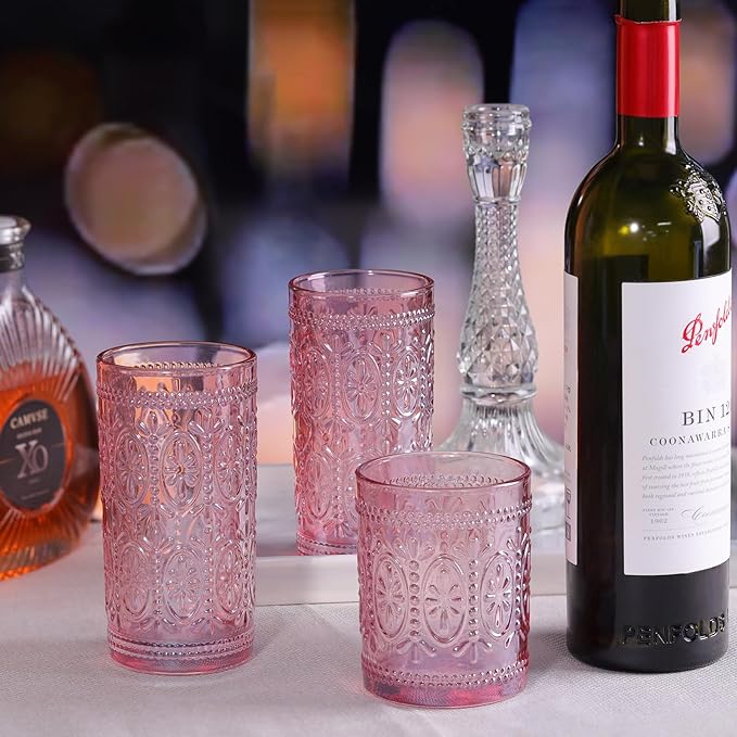 Darlion 6 Pack Pink Vintage Glassware Set, 10oz Romantic Drinking Glasses, Colored Water Glasses, Pink Embossed Glass Cups for Juice, Cocktails, Beer, Iced Tea, Soda