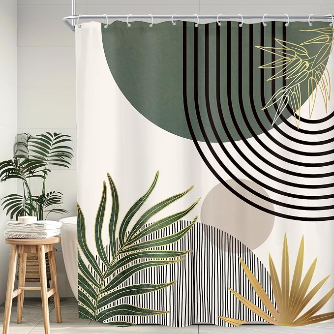 KOMLLEX Mid Century Dark Green Boho Shower Curtain 60Wx72L Inches Abstract Modern Shower Curtains for Bathroom Gold Plant Botanical Minimalist Arch Sun Fabric Liner Waterproof Polyester 12 Pack Hooks