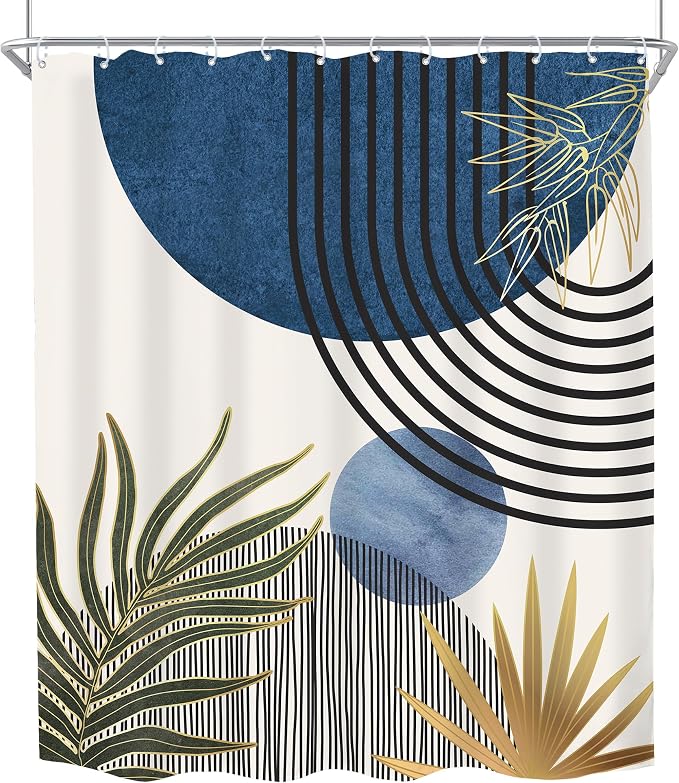 KOMLLEX Mid Century Blue Green Boho Shower Curtain 60Wx72L Inches Abstract Modern Shower Curtains for Bathroom Decor Plant Botanical Minimalist Arch Sun Fabric Liner Waterproof Polyester 12 Pack Hooks