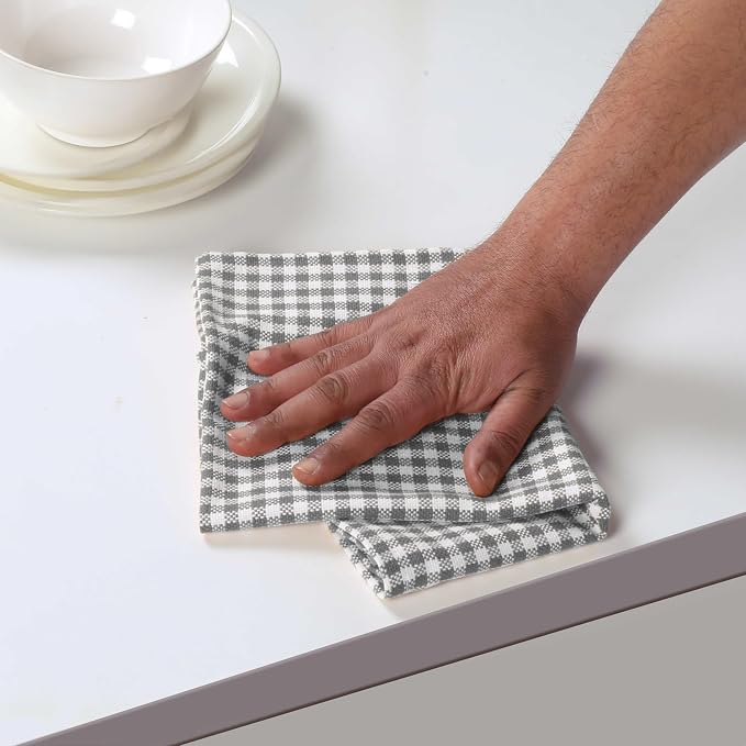 4 Pack Gingham Check Kitchen Dish Towels 16x26 Inches, Absorbent & Durable, Washable, Hand Tea Towels with Hanging Loop - Ideal for Restaurants & Home Kitchens, Grey White
