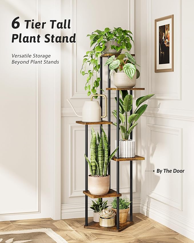 GENTINGBRO Corner Plant Stand Indoor 6 Tiered Plant Shelf for Multiple Plants Tall Plant Stand Shelf Wood Plant Stands Metal Shelving for Living Room Bedroom Balcony Brown Oak