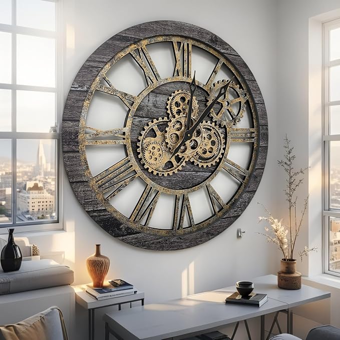 ImprovingLife The Gears Clock The Original Real Moving Gear Wall Clock Vintage Industrial Oversized Rustic Farmhouse (24 inch (60cm), Vintage Carbon Grey and Bronze)