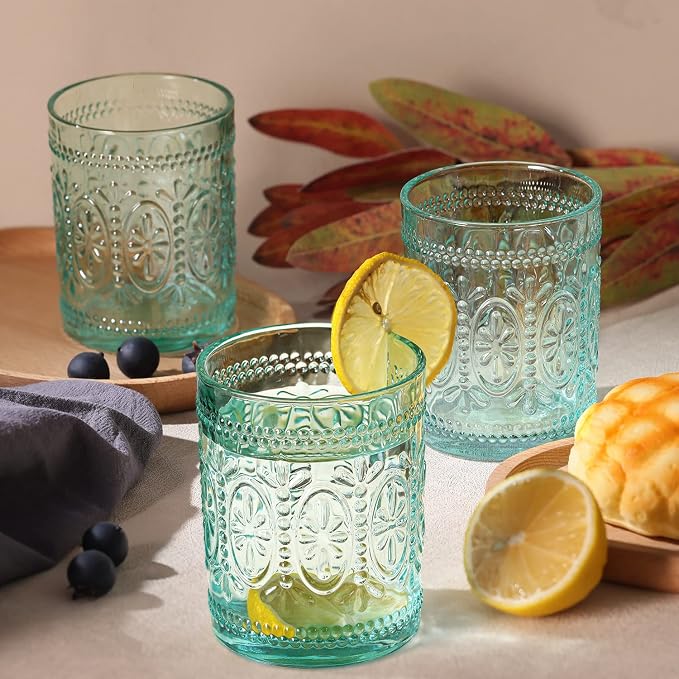 Darlion 6 Pack Green Vintage Glassware Set, 10oz Textured Embossed Drinking Glasses, Colored Water Glasses, Green Glass Cups for Juice, Cocktails, Beer, Iced Tea, Soda
