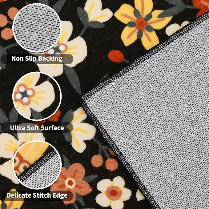 Washable 10x13 Modern Floral Area Rug for Living Room Low Pile Soft Bedroom Rugs Non Slip Abstract Floral Large Carpet Thin Foldable Modern Indoor Carpet for Playroom Open Living Room, Black