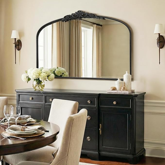 Micasso Large Vintage Black Mirror: 48"x33" French Baroque Antique Arched Mirror - Traditional Ornate Decorative for Wall/Fireplace/Mantel/Entryway/Bathroom/Hallway - Home Decor for Living Room