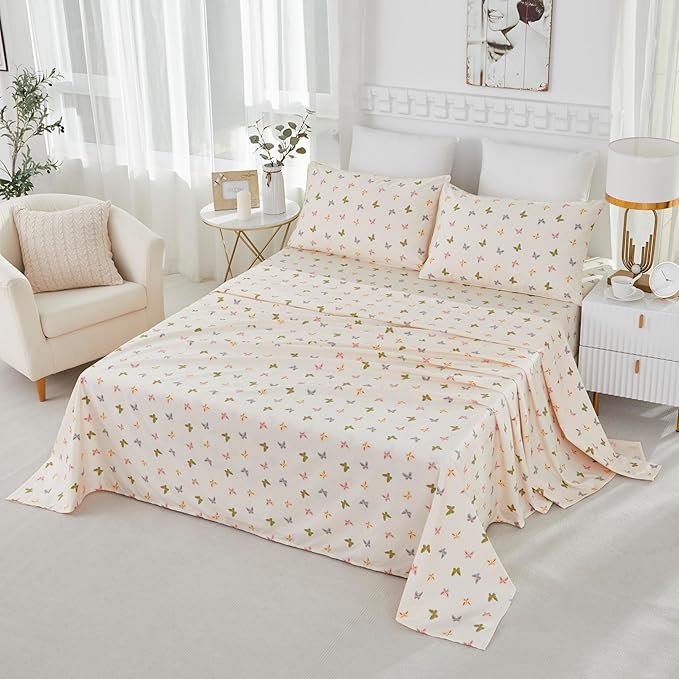 Brandream Bed Sheets for Queen Size Bed, 4 Pieces 100% Egyptian Cotton Farmhouse Sheet Set Butterfly Print Bed Deep Pockets (Cream Ivory)