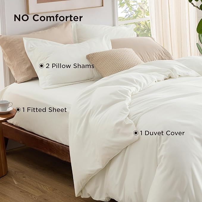 Bedsure Duvet Cover with Fitted Sheet King - Deep Pocket, Hotel Luxury Soft Double Brushed Bedding Set with Zipper Closure, 1 Duvet Cover, 1 Fitted Sheet, 2 Pillow Shams, NO Comforter, Ivory White