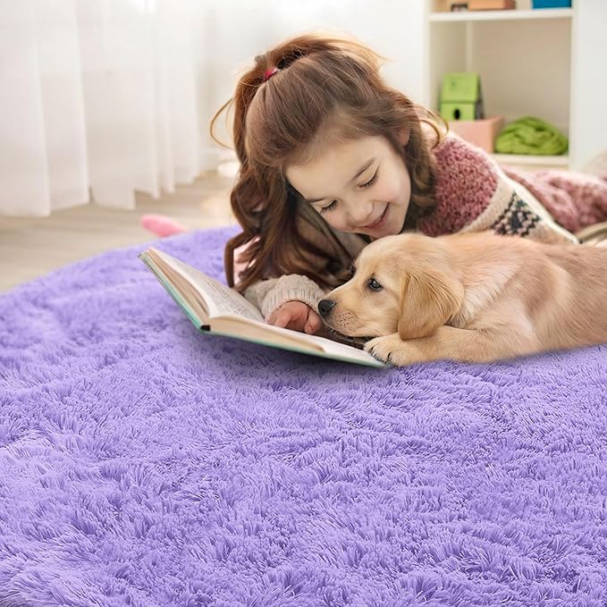 OLANLY Light Purple Round Rugs for Bedroom - Machine Washable, 7 ft Circle Area Rugs for Living Room, Soft and Fluffy Shaggy Carpet for Teen Girls and Boys, Nursery Rooms, Dorms, Home Decor Aesthetic