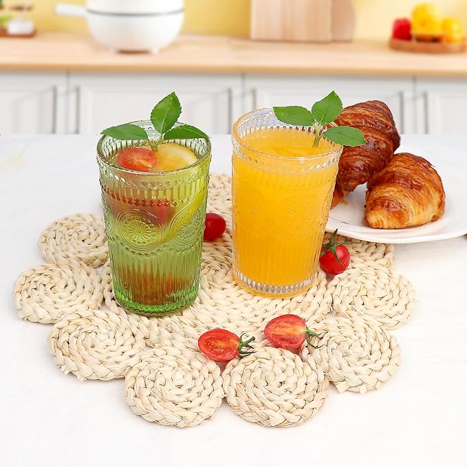 Loivttvv 6pcs Vintage Drinking Glasses Set, 12 oz Green Highball Glasses, Embossed Ribbed Glassware Cups for Cocktail, Water, Juice, Coffee, Whiskey