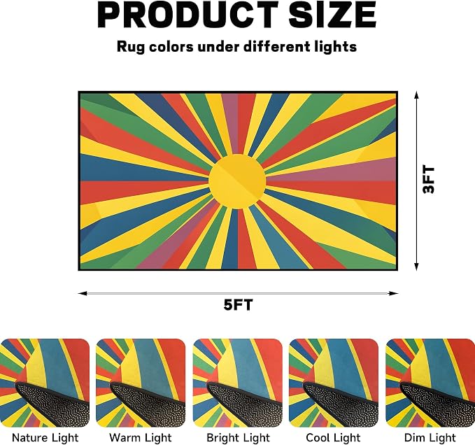 Rainbow Sunburst Area Rug Colorful Geometric Sun Carpet Soft Non-Slip Washable Floor Mat for Entryway Bedroom Living Room Nursery Playroom Classroom Home Decor,3'x5'