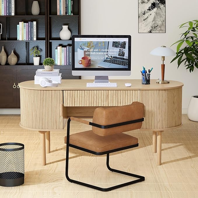 ORRD Home Office Oval Desk with Sliding Tambour Door and Drawer, Modern Fluted Wood Executive Computer Storage Desk for Study, Living Room, Bedroom, Office - Natural